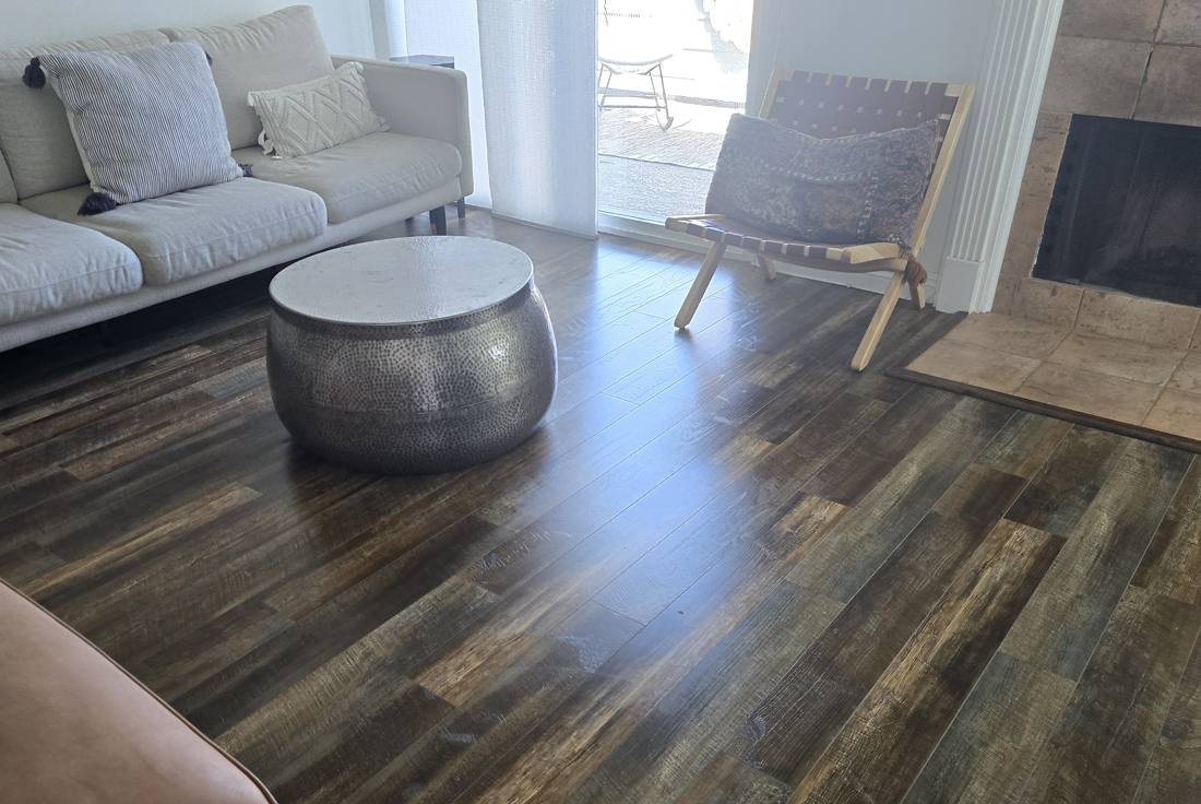 A tidy living room with clean wood floors